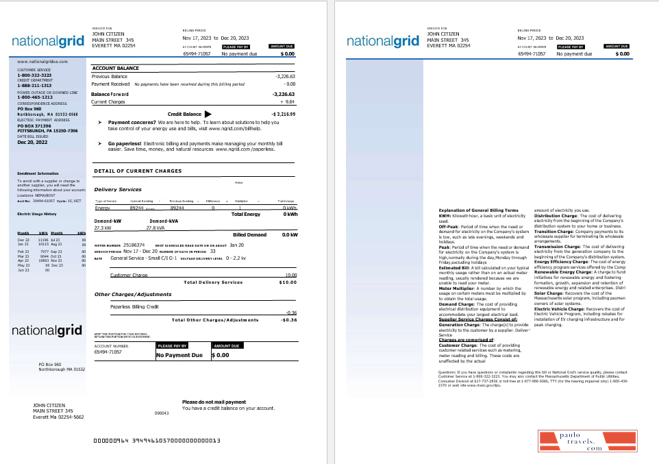 USA Nationalgrid electric utility  bill Word and PDF formats, 2 pages
